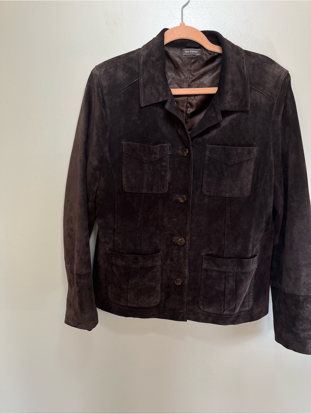 New Frontier 100% Leather Suede Button Down Western Chore Coat Jacket Large